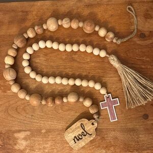 Wooden Bead Garland with Cross and Tag
